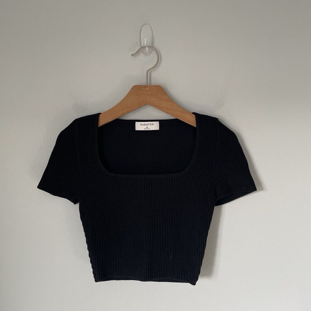 Babaton by Aritizia Sculpt Knit Square Neckline Crop Top Ribbed Black Size XS